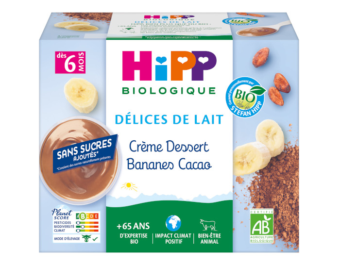HIPP Dlices de Lait Crme Dessert Bananes Cacao - Ds 6 mois - 4 x 100g Cacao