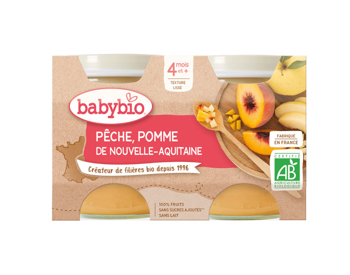 BABYBIO Mes Fruits - 2 x 130 g Pche & Pomme d'Aquitaine - 4 mois