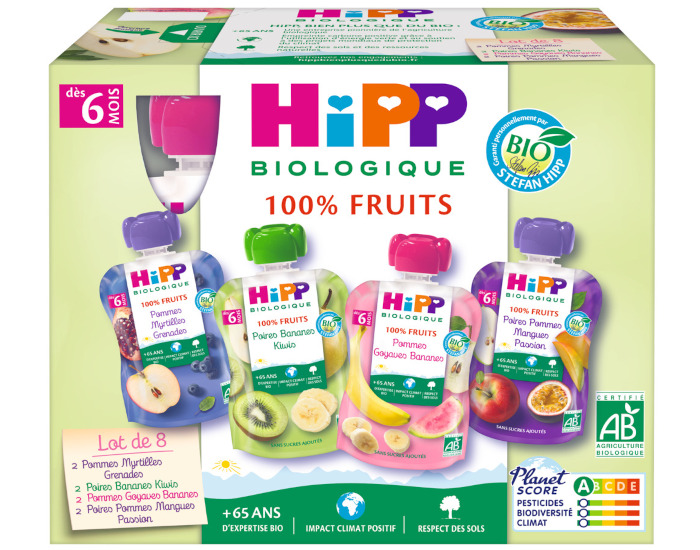 HIPP Gourdes 100% Fruits Multipack 4 Varits - 8 x 90g - Ds 6 mois 