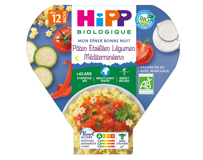 HIPP Assiette Mon Diner Bonne Nuit - 200, 230g ou 260g Ptes toiles Lgumes Mditrranens - 12M