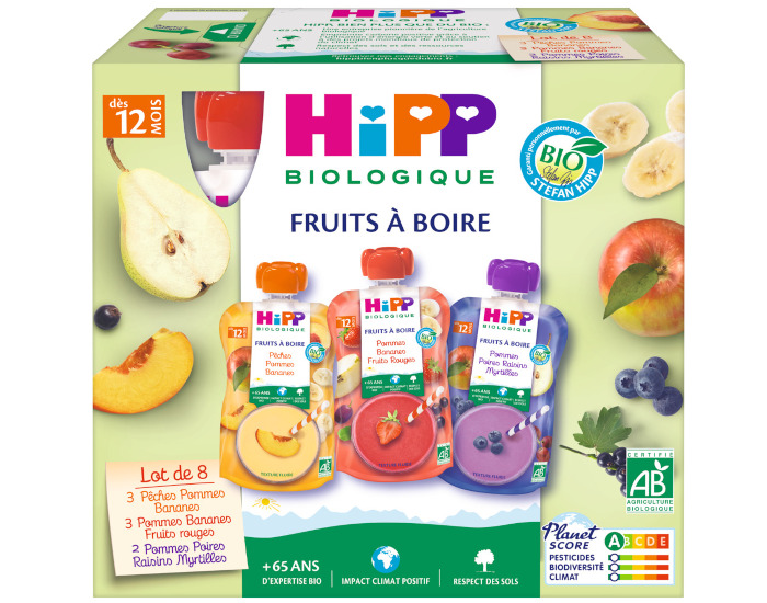 HIPP Gourdes Fruits  Boire Multipack 3 Varits - 8 x 120 ml - Ds 12 mois