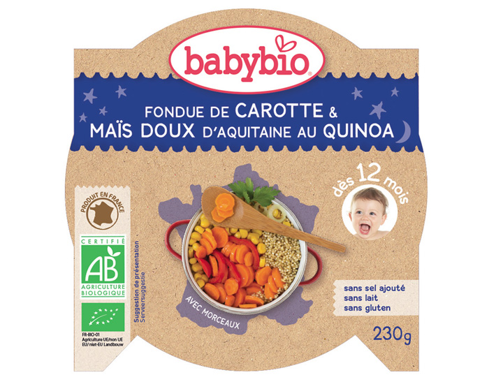 BABYBIO Mon p'tit Plat Assiette - 230 g ou 260 g Fondue de Carotte & Mas Doux au Quinoa - 12 M