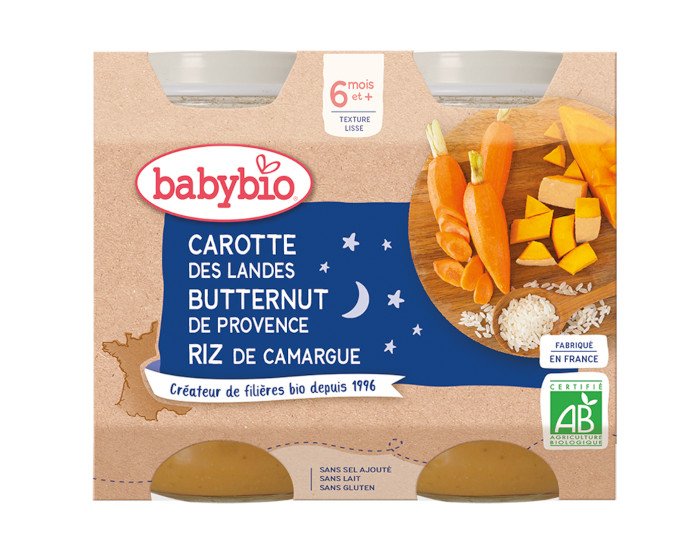 BABYBIO Petits Pots Bonne Nuit - 2x200g - Ds 6 mois Carotte des Landes, Butternut & Riz de Camargue - 6 M