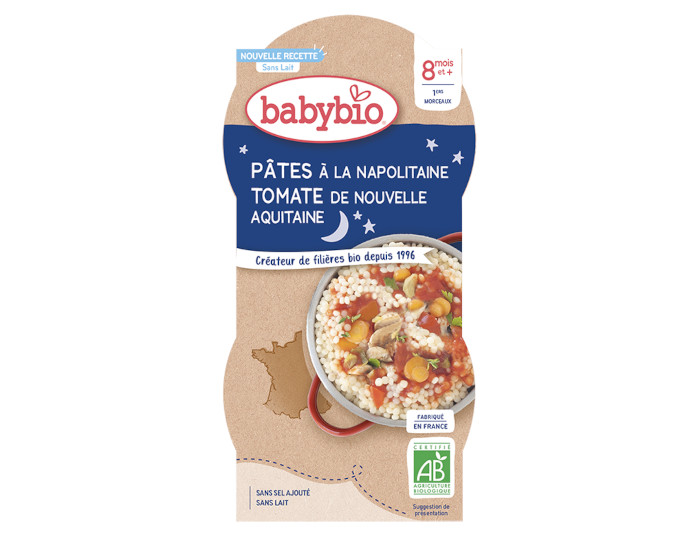 BABYBIO Bols Bonne Nuit - 2 x 200 g Ptes  la Napolitaine au Parmesan - 8 mois