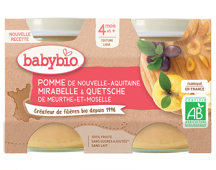 BABYBIO Mes Fruits - 2 x 130 g Pomme d'Aquitaine Mirabelle & Quetsche - 4 mois