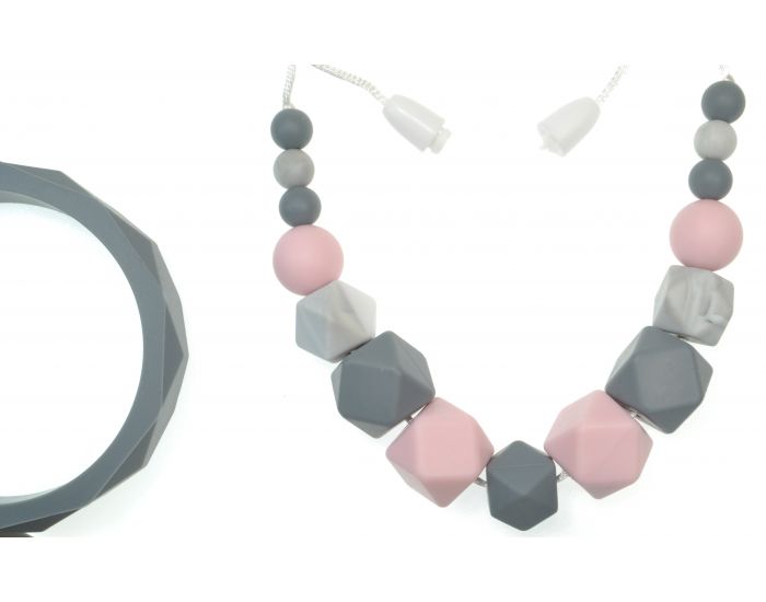 IRREVERSIBLE Collier perle gomtrique silicone et bois - gris/rose/marbre (2)